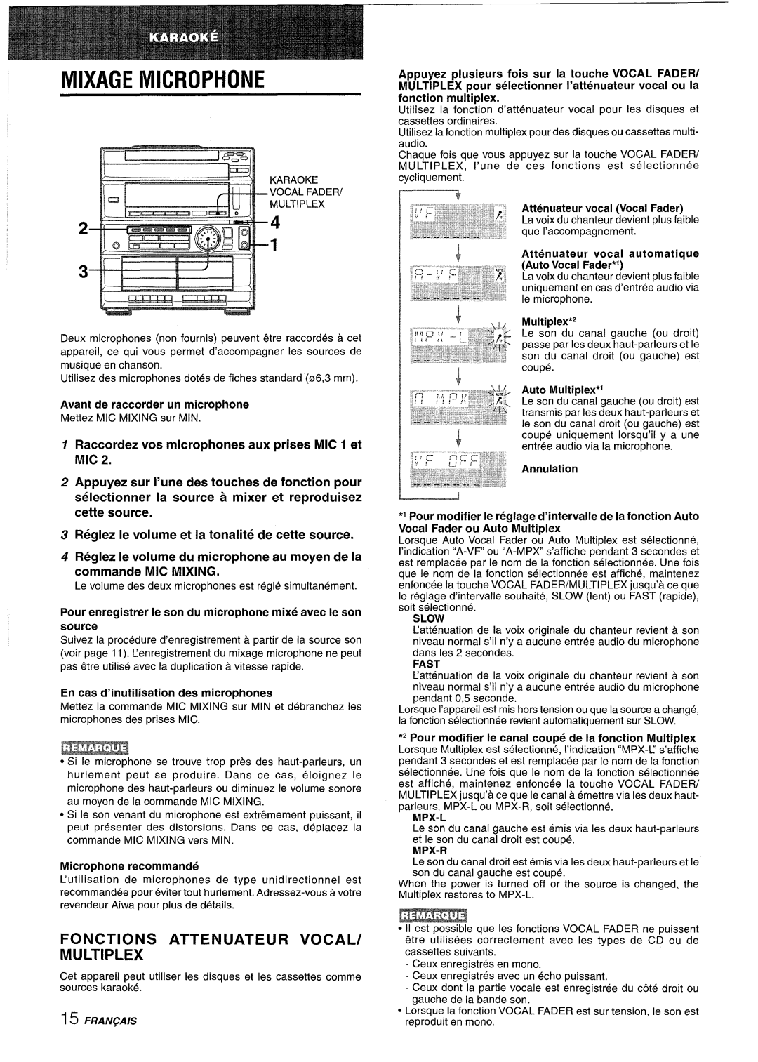 Sony CX-ZR525 manual Mixage Microphone, Fonctions Attenuateur VOCAL1 Multiplex, Avant de raccorder un microphone 