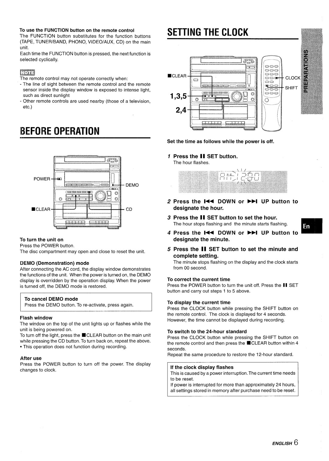 Sony CX-ZR525 manual Setting the Clock, Before Operation, Flash window, Press the 11 SET button 