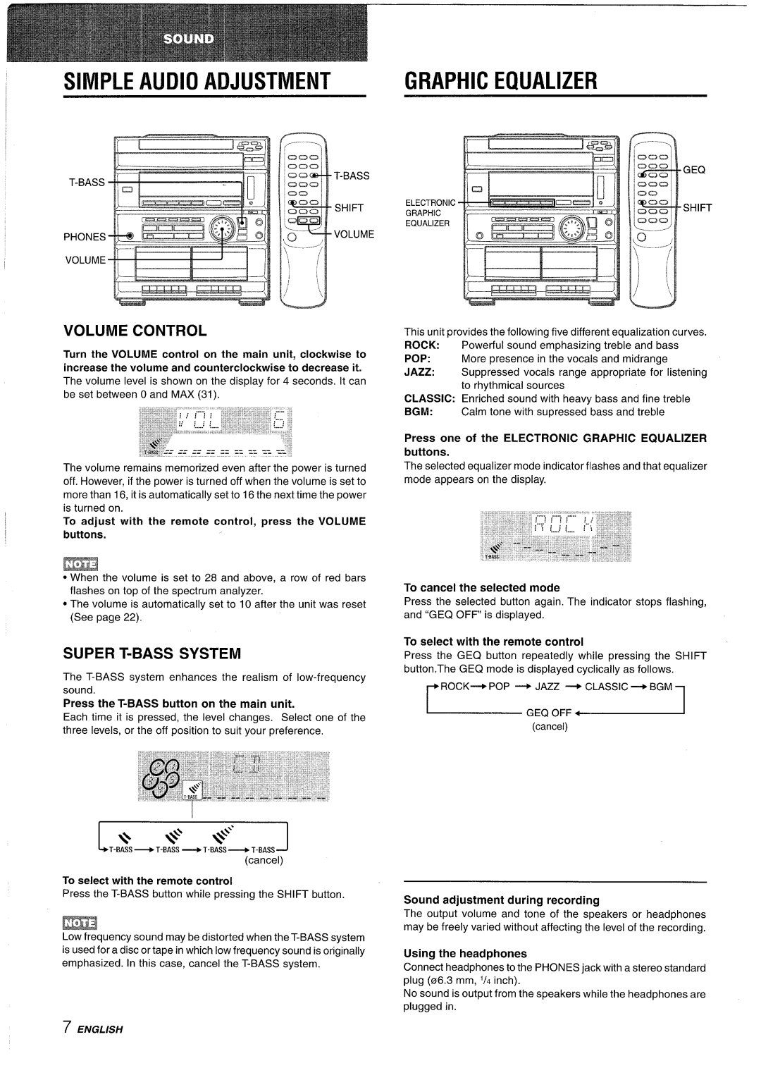 Sony CX-ZR525 manual Simple Audio Adjustment, Volume Control, Super T-BASS System, Using the headphones 