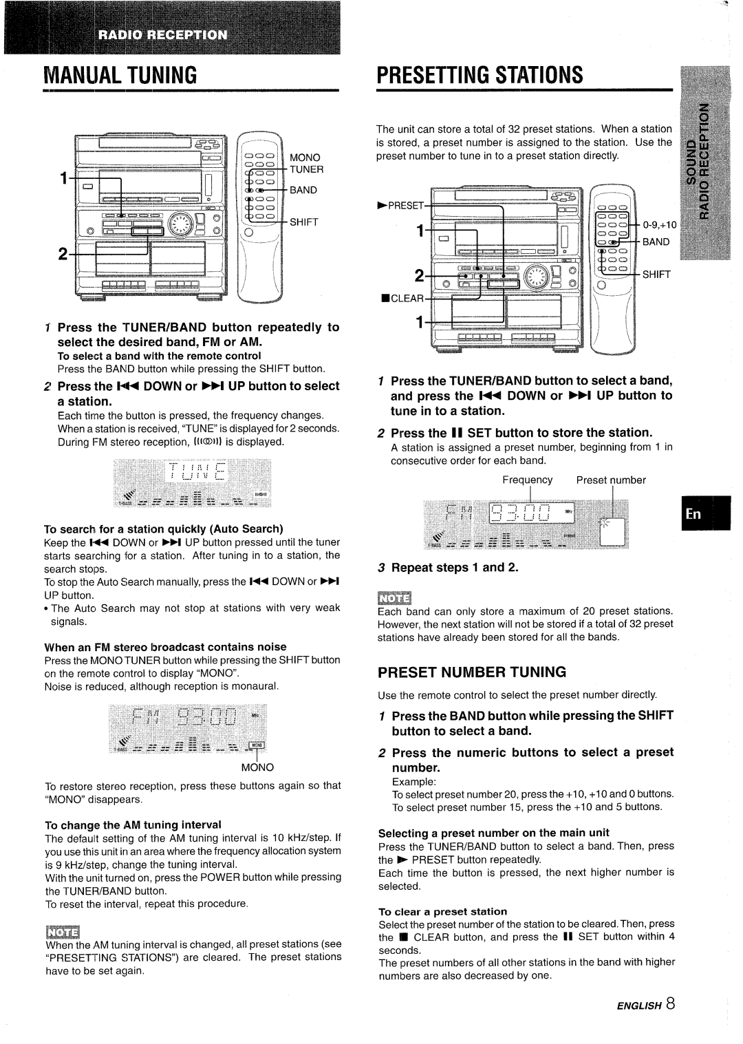 Sony CX-ZR525 manual Presetting Stations, Preset Number Tuning, Press the H Down or W UP button to select a station 