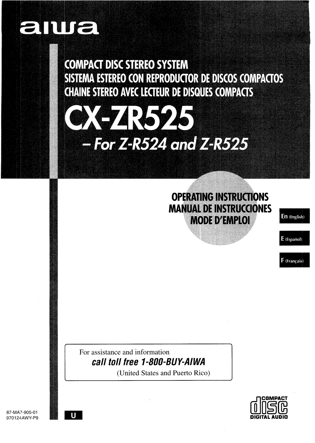 Sony CX-ZR525 manual I For assistance and information, United States and Puerto Rico, Digital Audio, dlrlEiiE 