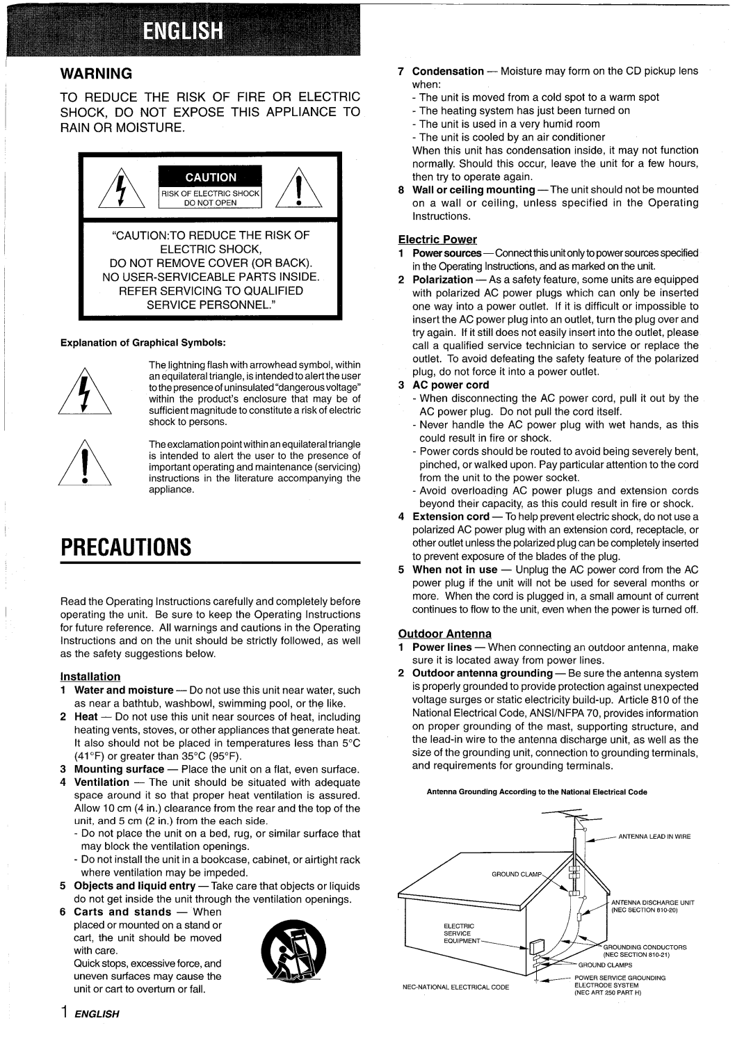 Sony CX-ZR525 manual Precautions, Electric Shock, English 