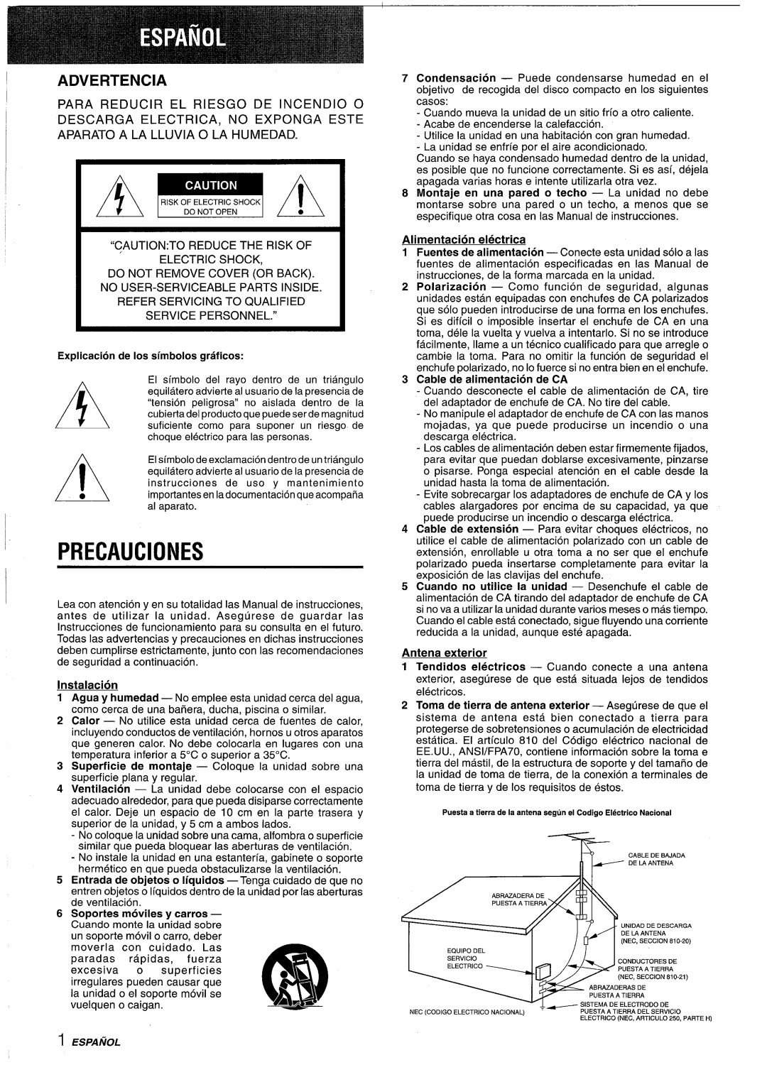 Sony CX-ZR525 Precauciones, Advertencia, PARA REDUCIR EL RIESGO DE INCENDIO o, Explication de Ios simbolos graficos, 1A ~ 