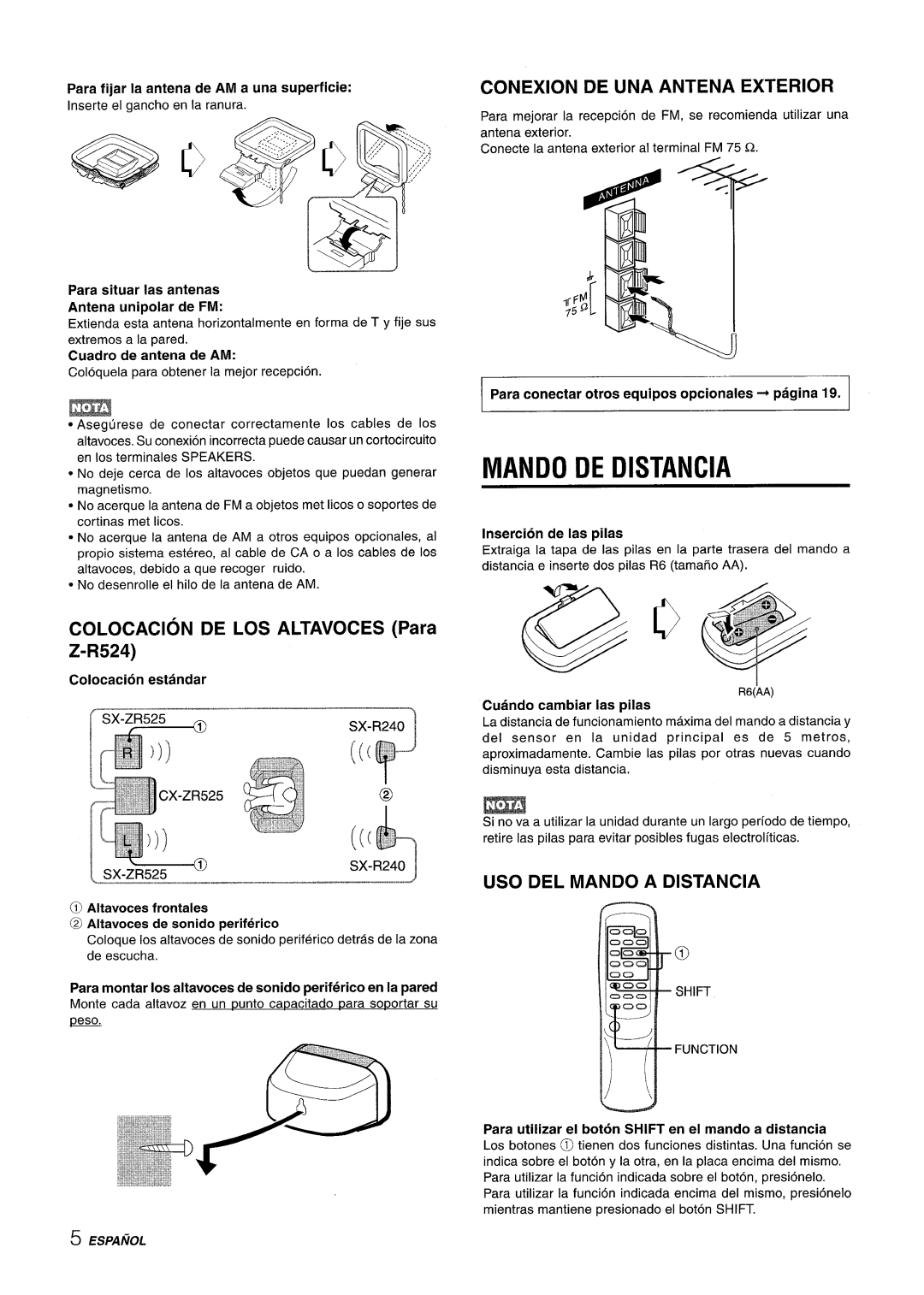 Sony CX-ZR525 manual Mando De Distancia, Conexion De Una Antena Exterior, COLOCACION DE LOS ALTAVOCES Para Z-R524 