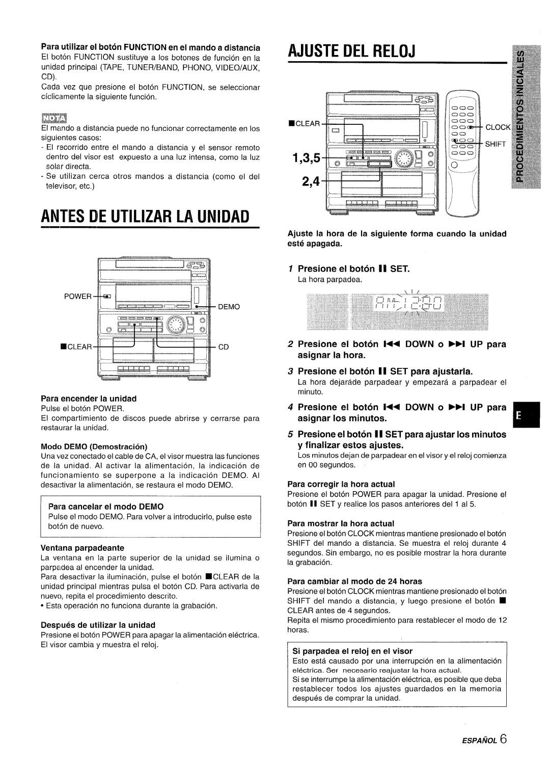 Sony CX-ZR525 Ajuste Del Reloj, Antes De Utilizar La Unidad, 1,3,5 2,4, Para r?ncender la unidad, Modo DEMO 13emostracion 