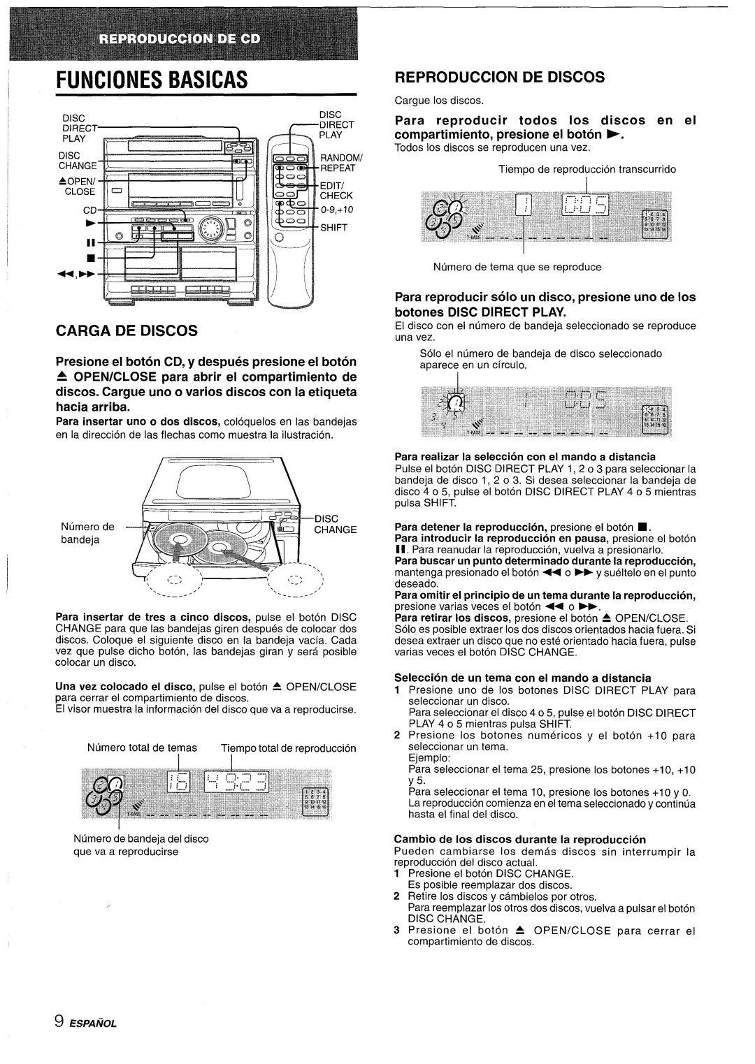 Sony CX-ZR525 manual FUNClONES, Basicas, Carga De Discos, Reproduction De Discos, Para reproducer todos Ios discos en el 