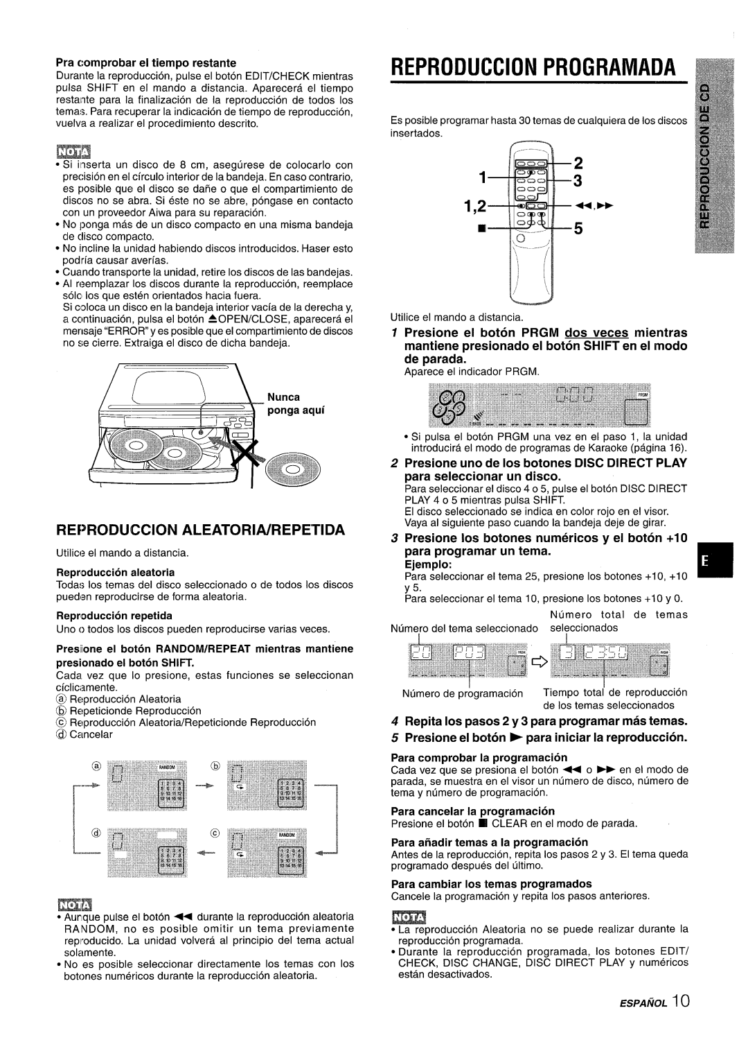 Sony CX-ZR525 manual Reproduction Programada, REPRODUCC1ON ALEATORIA/REPETIDA, Pra cornprobar el tiempo restante 