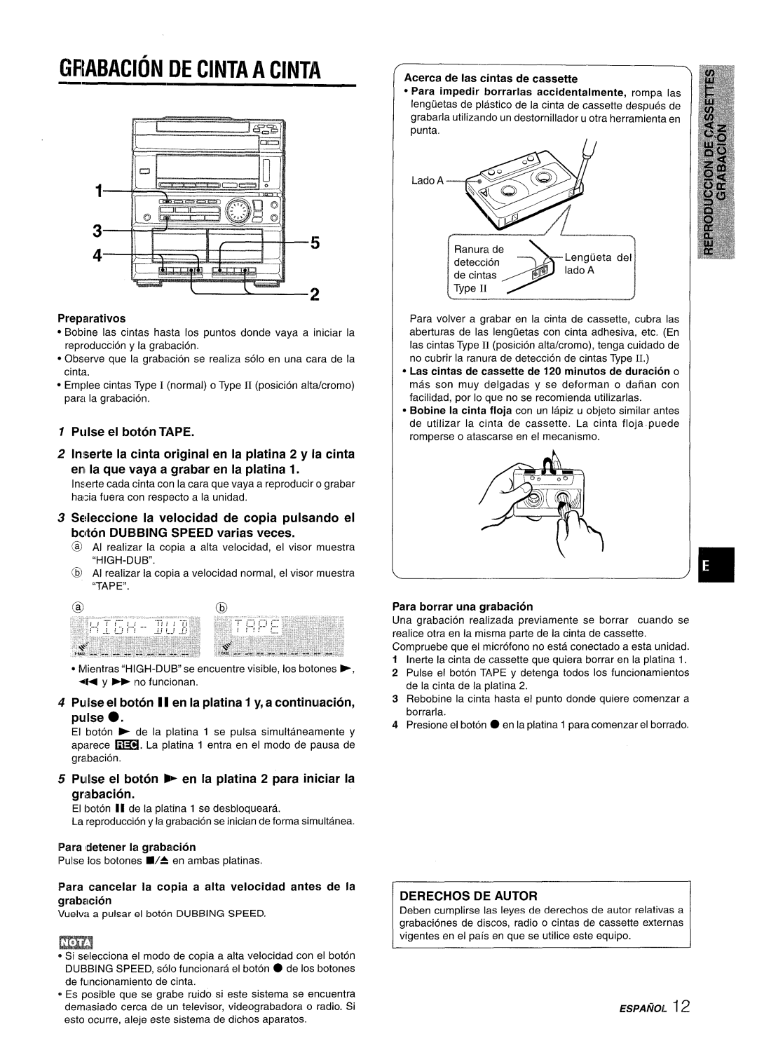 Sony CX-ZR525 manual GRABAC1ON DE CINTA A CINTA, Acerca de Ias cintas de cassette, Preparatives, Pulse el boton TAPE 