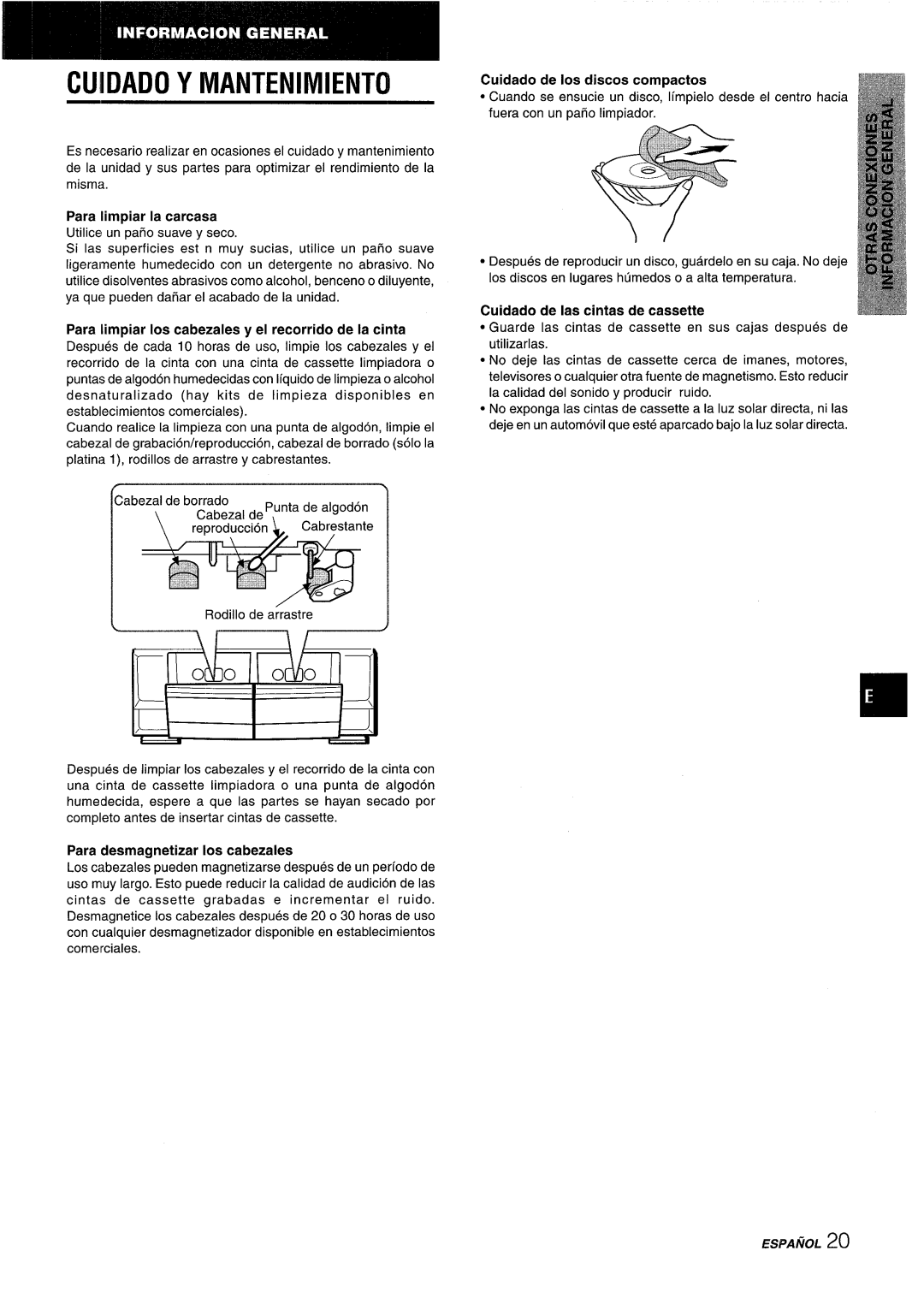 Sony CX-ZR525 manual Cuiidado Y Mantenimiento, f--l, Para Iimpiar la carcasa, Para desmagnetizar Ios cabezales, Esf’Anol 