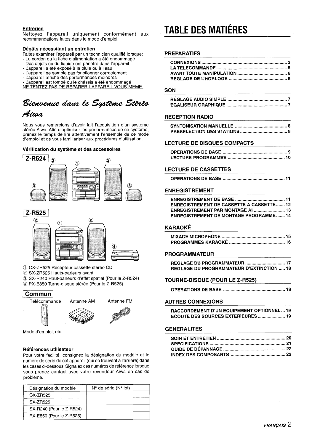 Sony CX-ZR525 r“zmim, Table Des Matieres, K??YIM4, LE Z-R525, Autres Connexions, Generalities, Entrerien, Preparatifs 