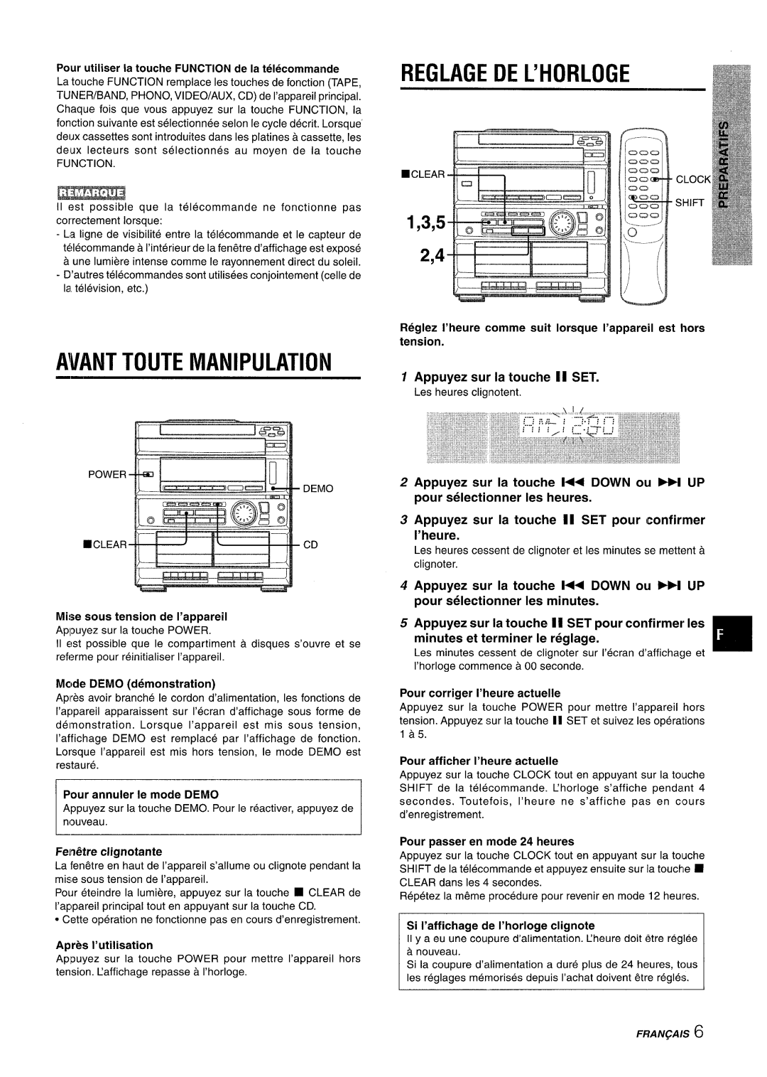 Sony CX-ZR525 Avant Toute Manipulation, Reglage De L’Horloge, tension 1 Appuyez sur la touche 11 SET, Apres I’utilisation 