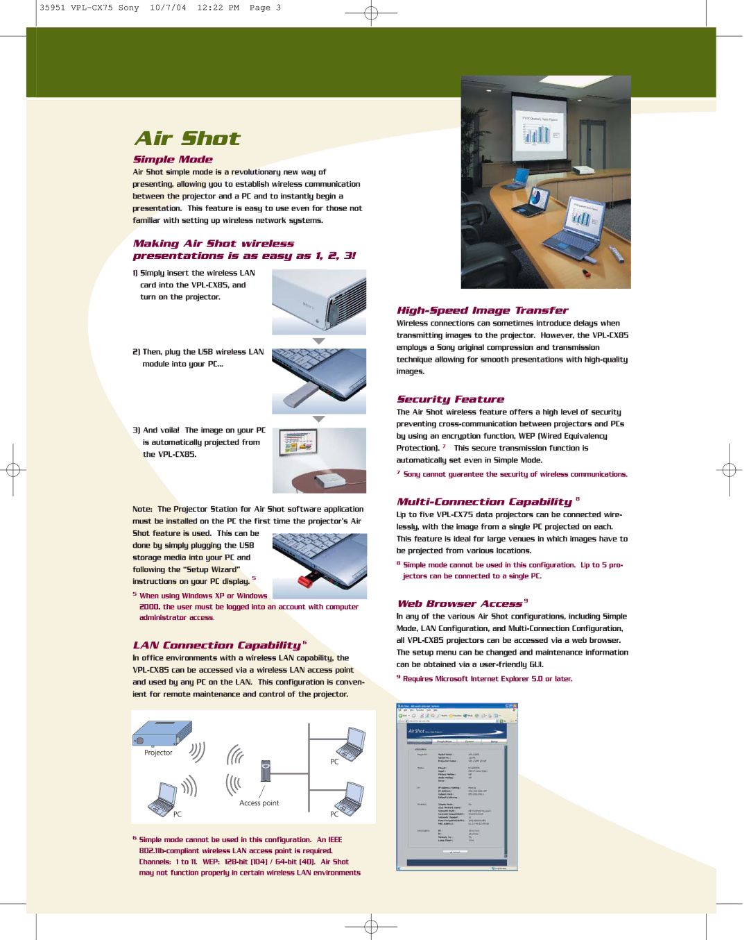 Sony CX75 manual Simple Mode, Making Air Shot wireless presentations is as easy as 1, 2, High-Speed Image Transfer 