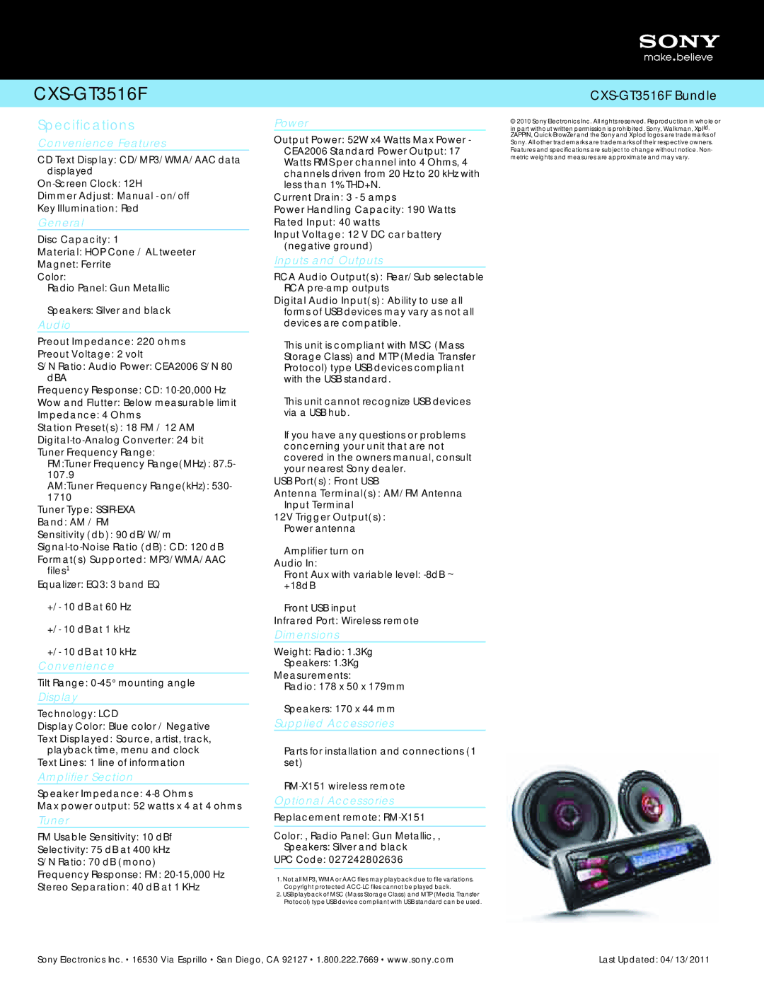 Sony CXS-GT3516F manual Convenience Features, General, Audio, Display, Amplifier Section, Tuner, Power, Inputs and Outputs 