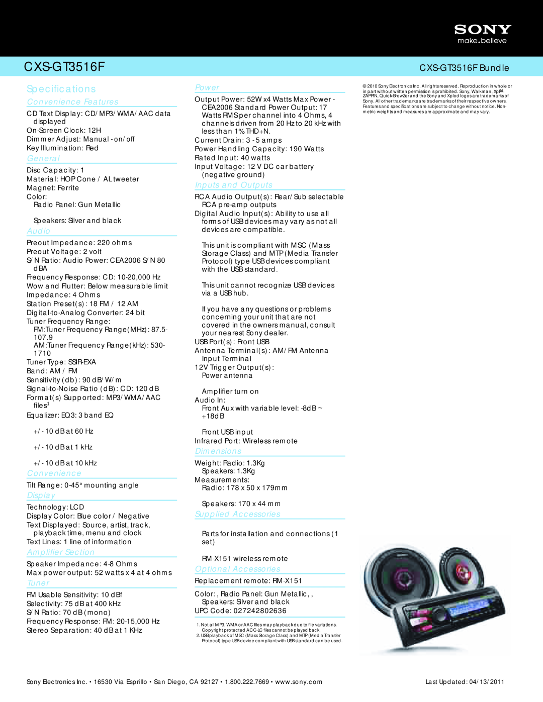 Sony manual Specifications, CXS-GT3516F Bundle 
