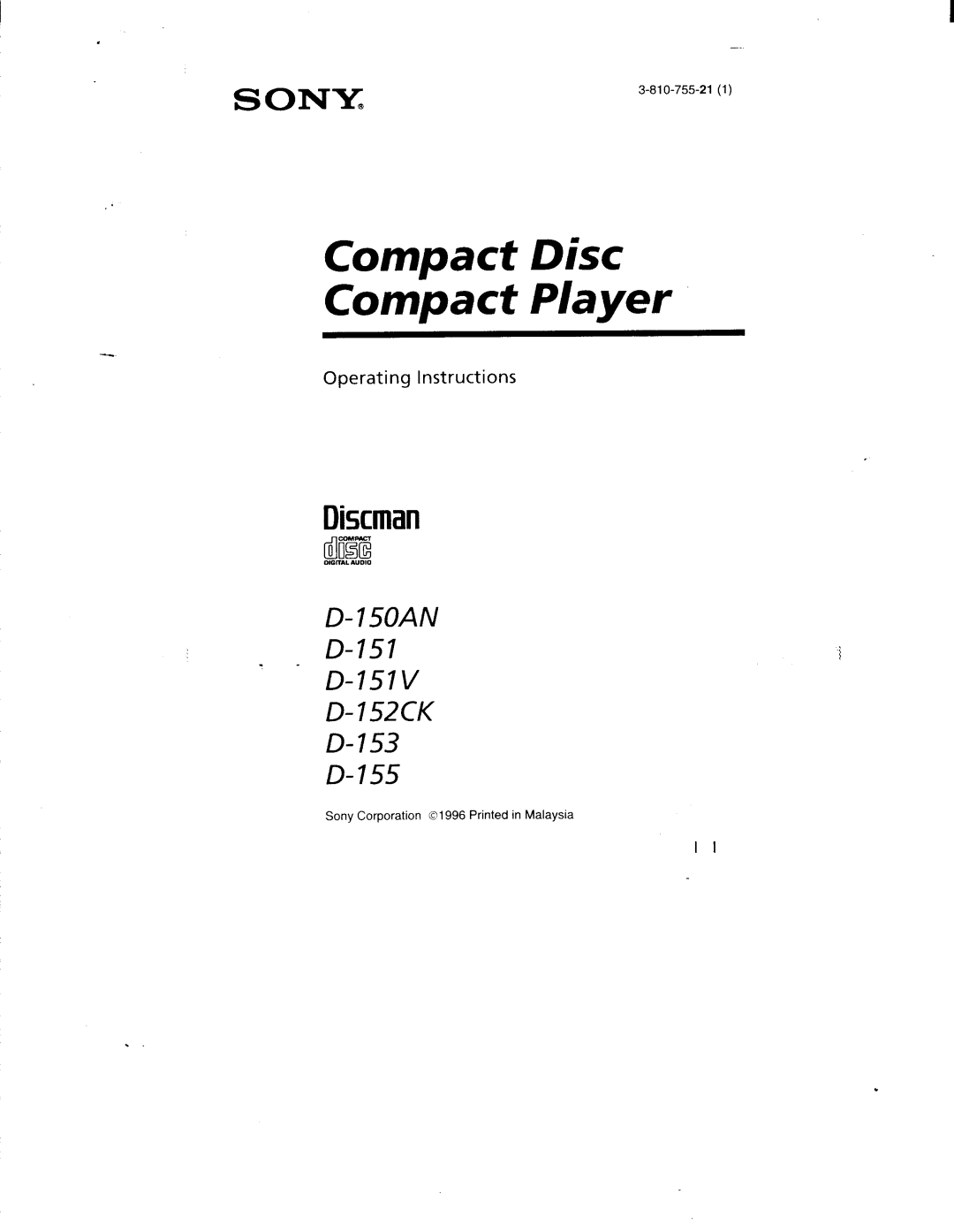 Sony D-153, D-155, D-152CK, D-151V, D-150AN manual 