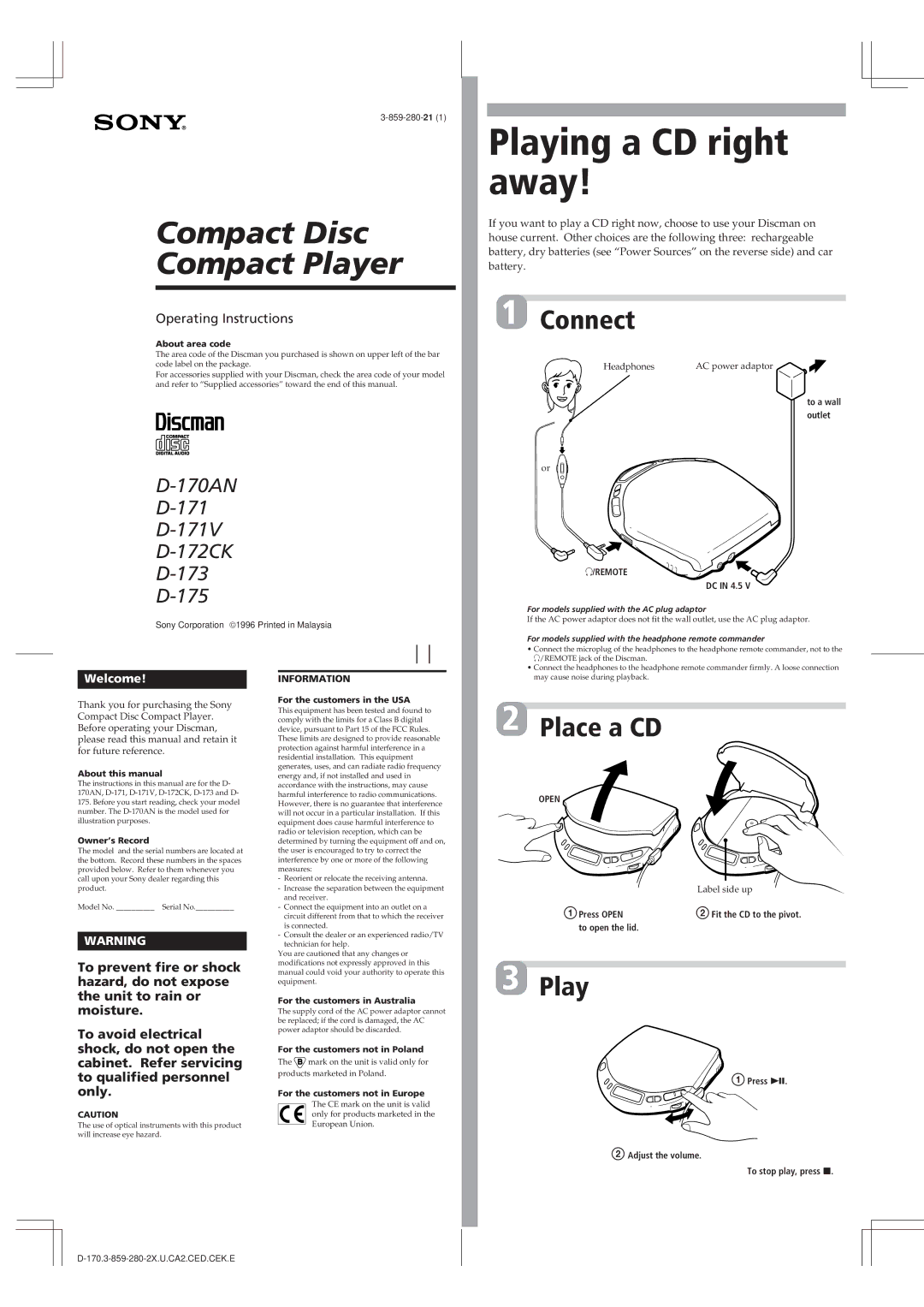 Sony D-173, D-172CK operating instructions About area code, To a wall outlet, DC in 4.5, About this manual, Owner’s Record 