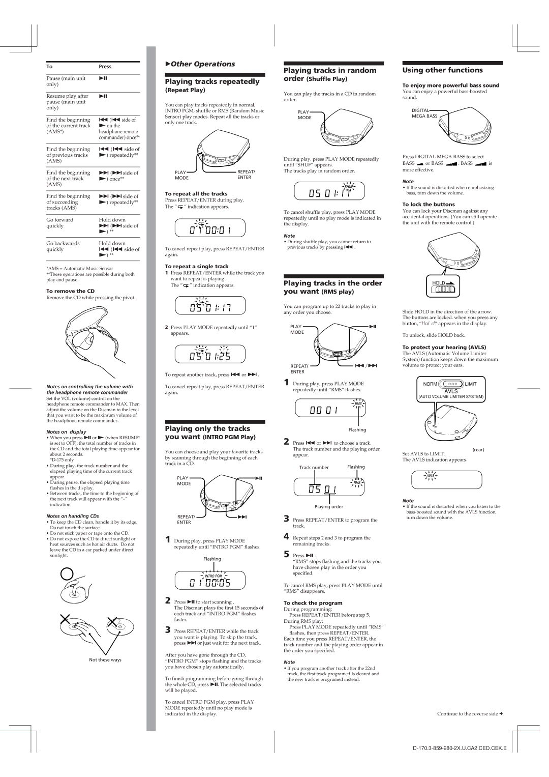 Sony D- 175, D-172CK, D-173, D-171 Playing tracks repeatedly, Playing tracks in the order you want, Using other functions 
