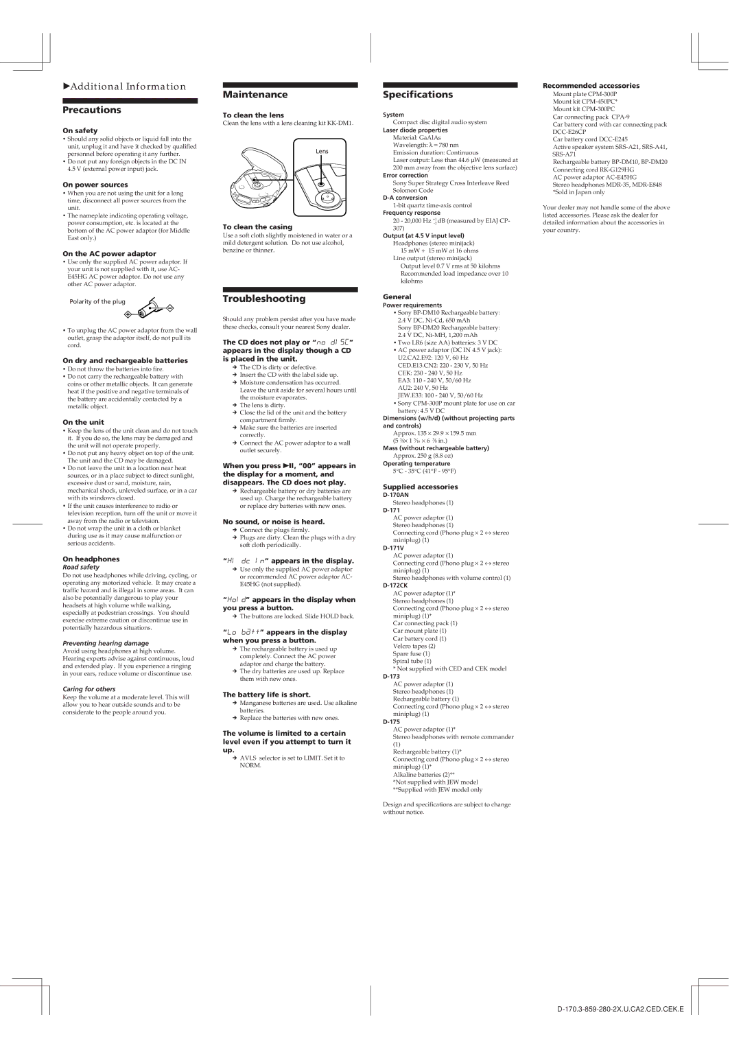 Sony D-171V, D-172CK, D-173, D- 175 operating instructions Precautions, Maintenance, Troubleshooting, Specifications 