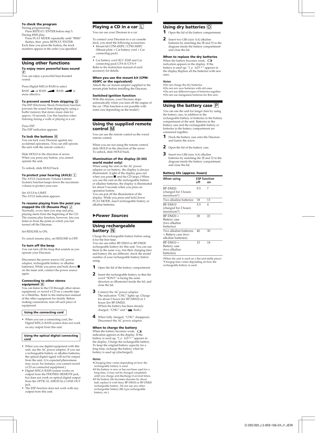 Sony D-265 manual ZPower Sources 