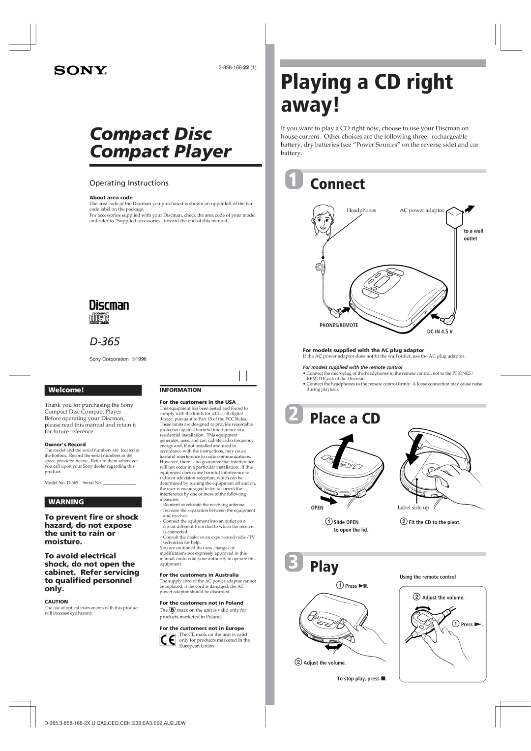 Sony D-365 manual About area code, To a wall outlet, DC in 4.5 For models supplied with the AC plug adaptor, 1Slide Open 