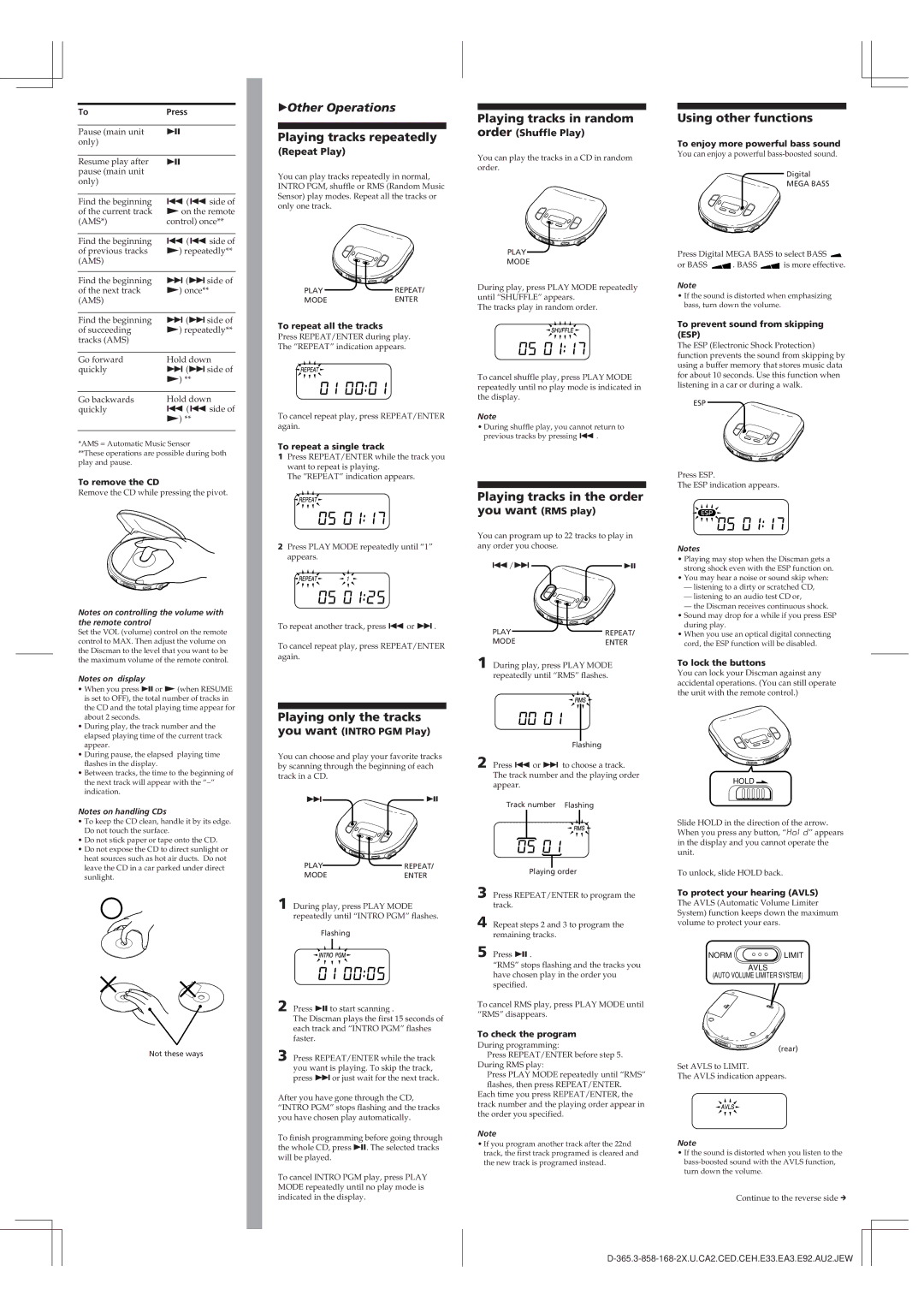 Sony D-365 manual Playing tracks repeatedly, Playing tracks in the order you want, Using other functions 