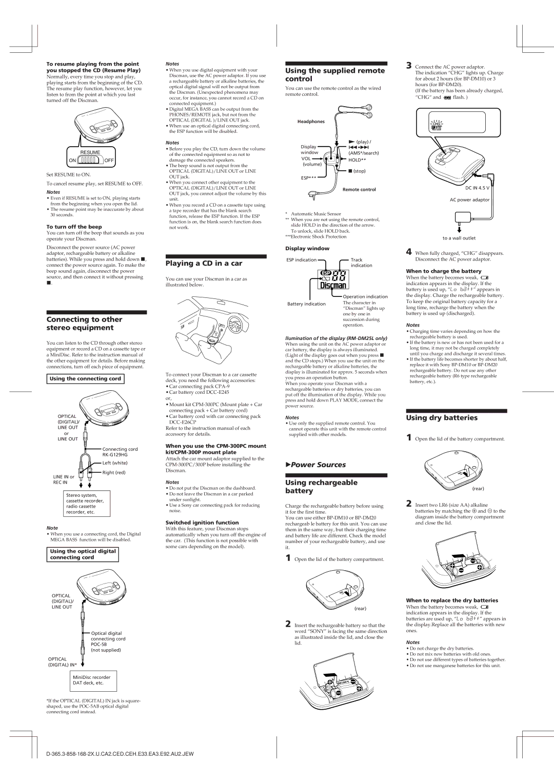 Sony D-365 manual Connecting to other stereo equipment, Playing a CD in a car, Using the supplied remote control 