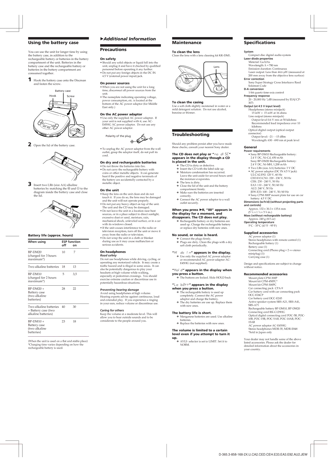 Sony D-365 manual Using the battery case, Precautions, Maintenance, Troubleshooting, Specifications 