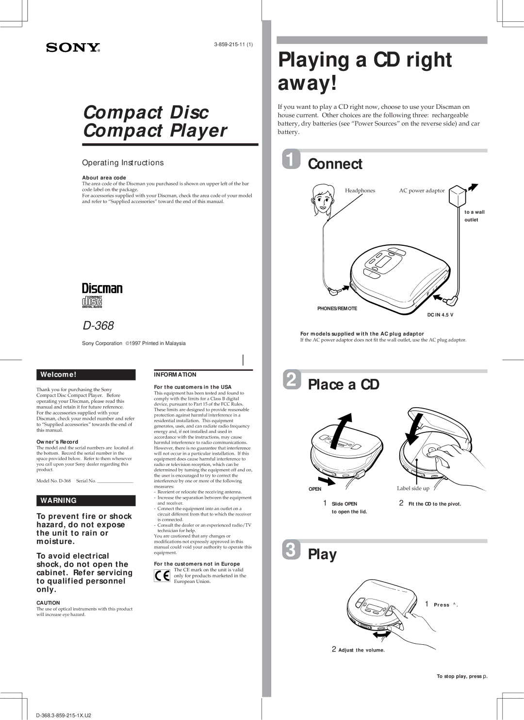 Sony D-368 operating instructions About area code, To a wall outlet, Owner’s Record, For the customers in the USA 