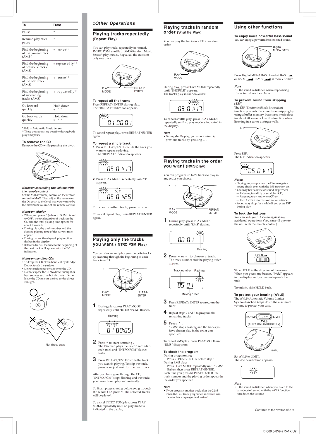 Sony D-368 operating instructions Playing tracks repeatedly, Playing tracks in the order you want, Using other functions 