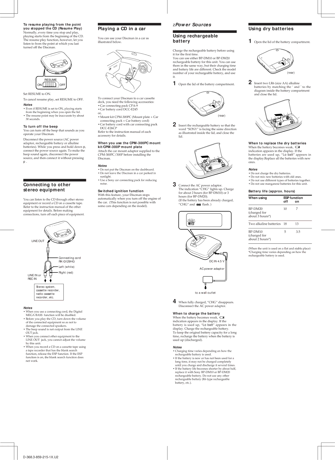 Sony D-368 Connecting to other stereo equipment, Playing a CD in a car, Using rechargeable battery, Using dry batteries 
