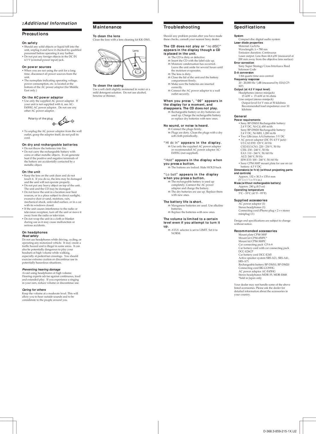 Sony D-368 operating instructions Precautions, Maintenance, Troubleshooting, Specifications 