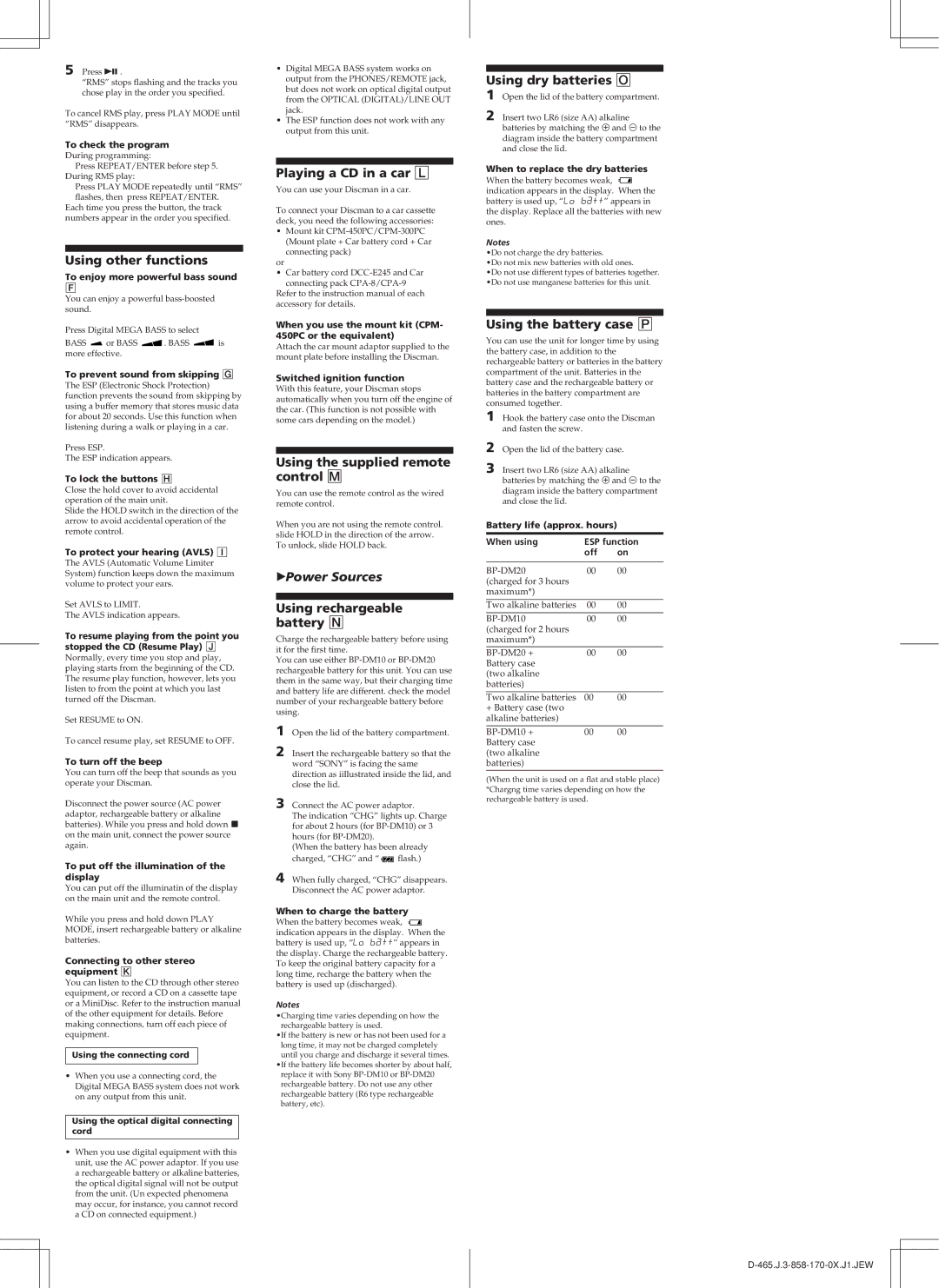 Sony D-465 operating instructions ZPower Sources 