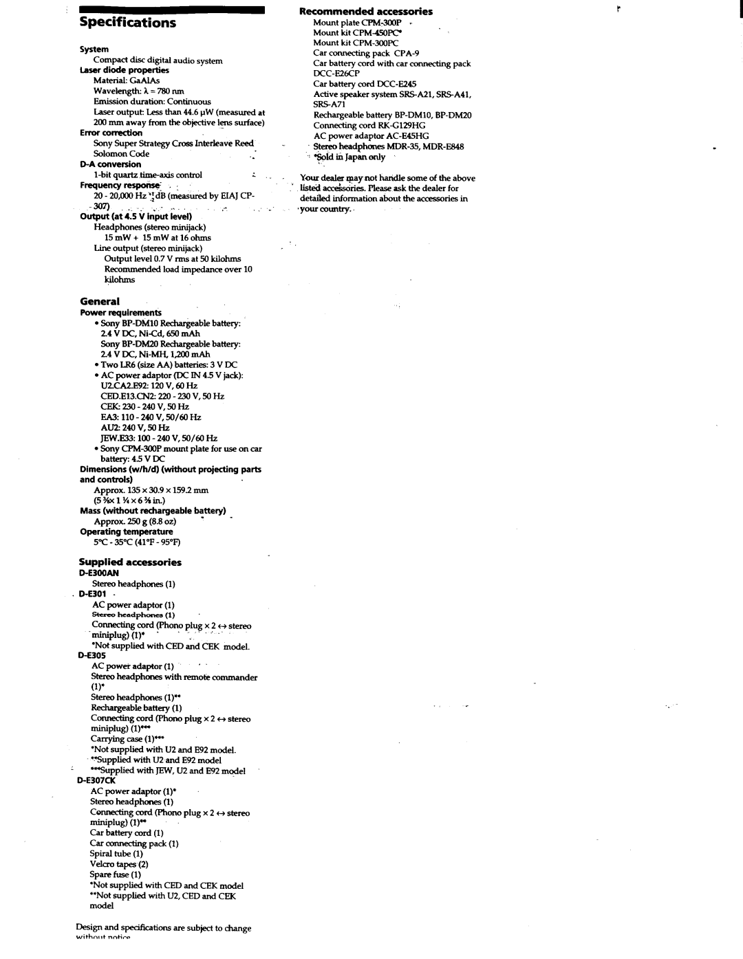 Sony D-E301, D-E307CK, D-E305, D-E300AN manual 