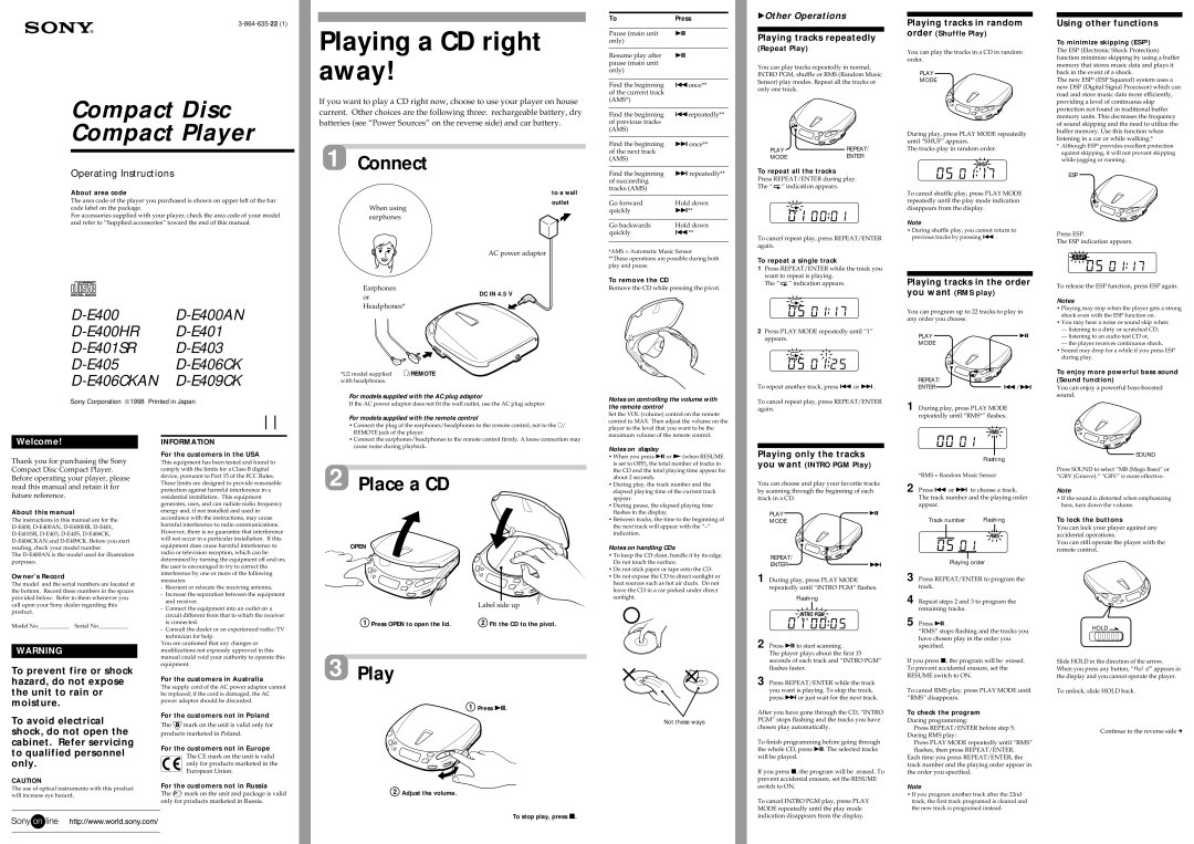 Sony D-E406CKAN manual Playing tracks repeatedly, Playing tracks in the order you want, Using other functions 