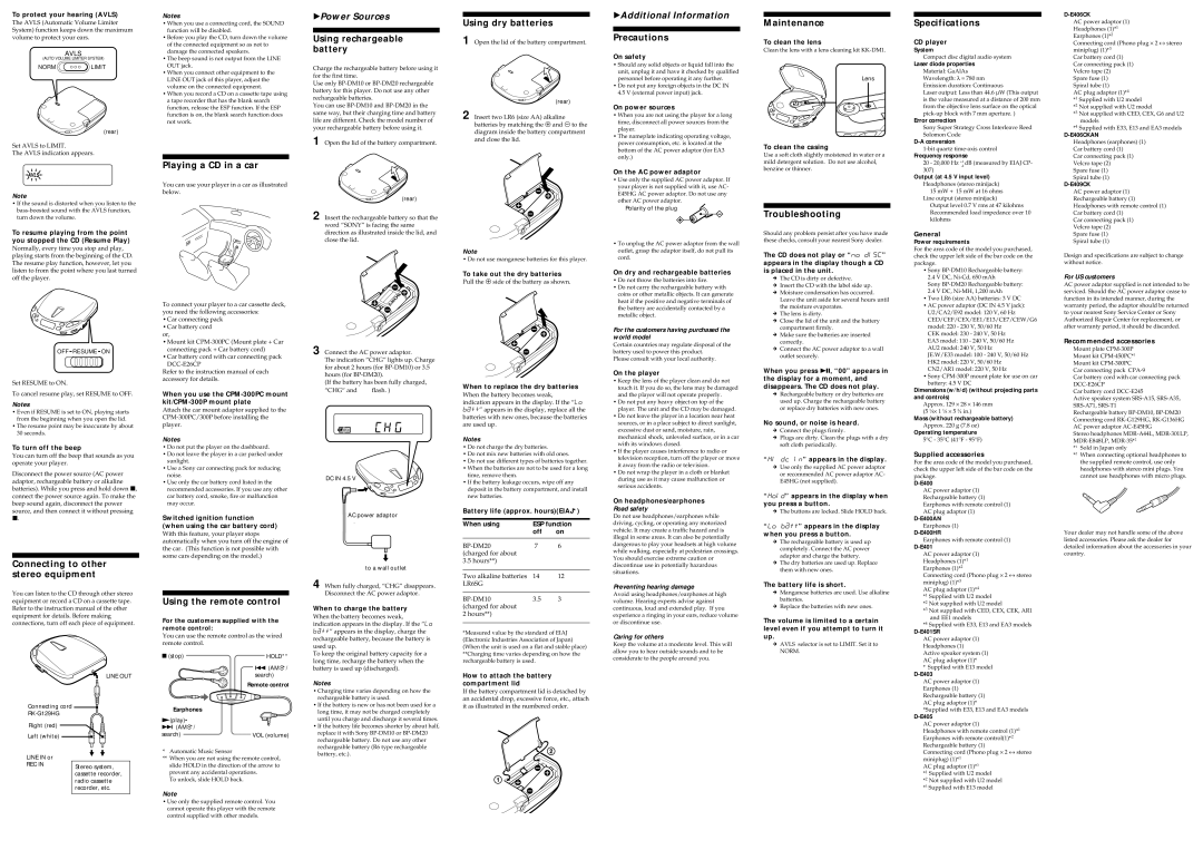 Sony D-E406CKAN Using rechargeable battery, Using dry batteries, Precautions, Maintenance, Specifications, Troubleshooting 