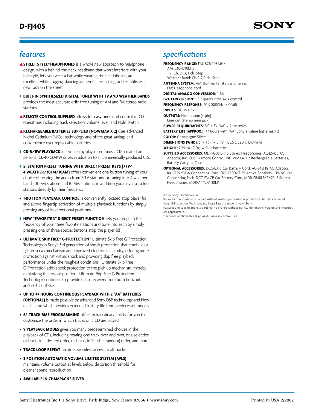 Sony D-FJ405 manual Features, Specifications, Track Loop Repeat provides seamless access to all tracks 