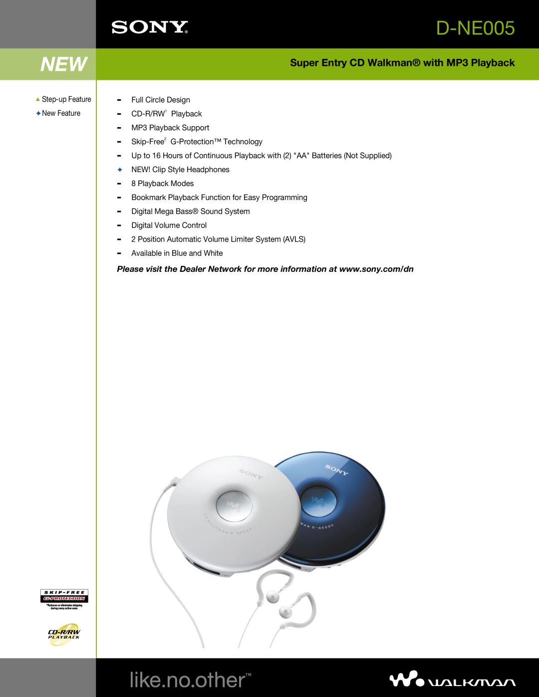 Sony D-NE005 manual Super Entry CD Walkman with MP3 Playback 