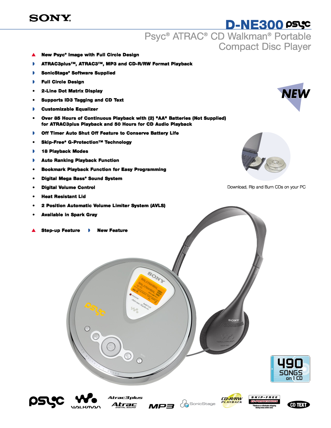 Sony D-NE300 manual Psyc ATRAC CD Walkman Portable, Compact Disc Player 