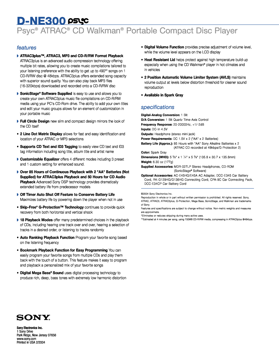 Sony D-NE300 manual features, specifications 