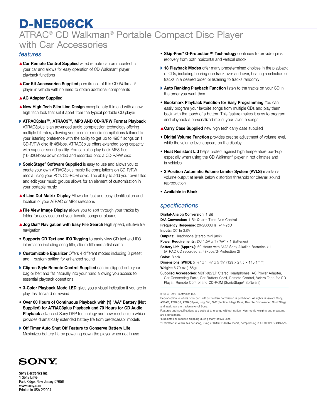 Sony D-NE506CK, ATRAC manual Features, Specifications, Sony Electronics Inc, Sony Drive 