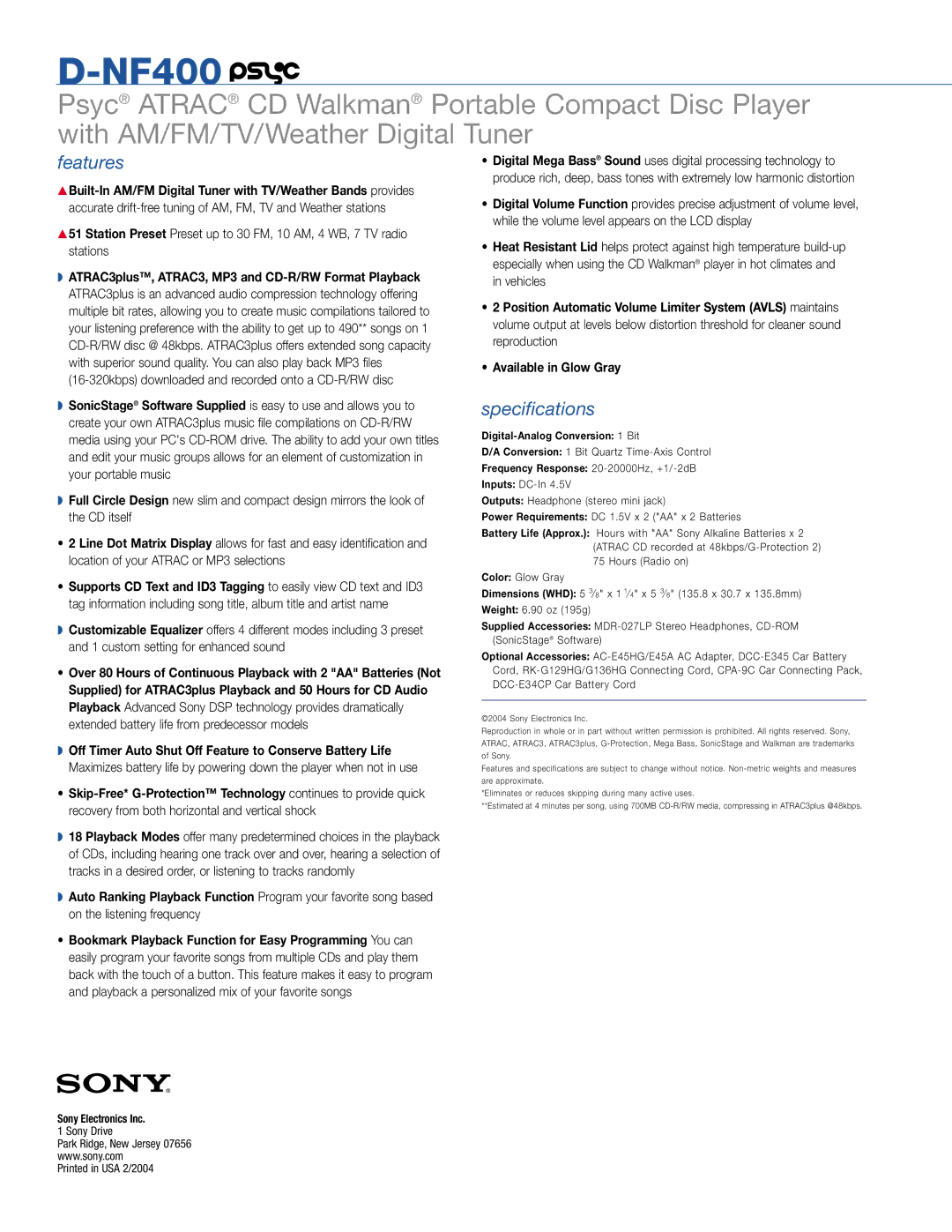 Sony D-NF400 manual Features, Specifications, Digital-Analog Conversion 1 Bit, Frequency Response 20-20000Hz,+1/-2dB 