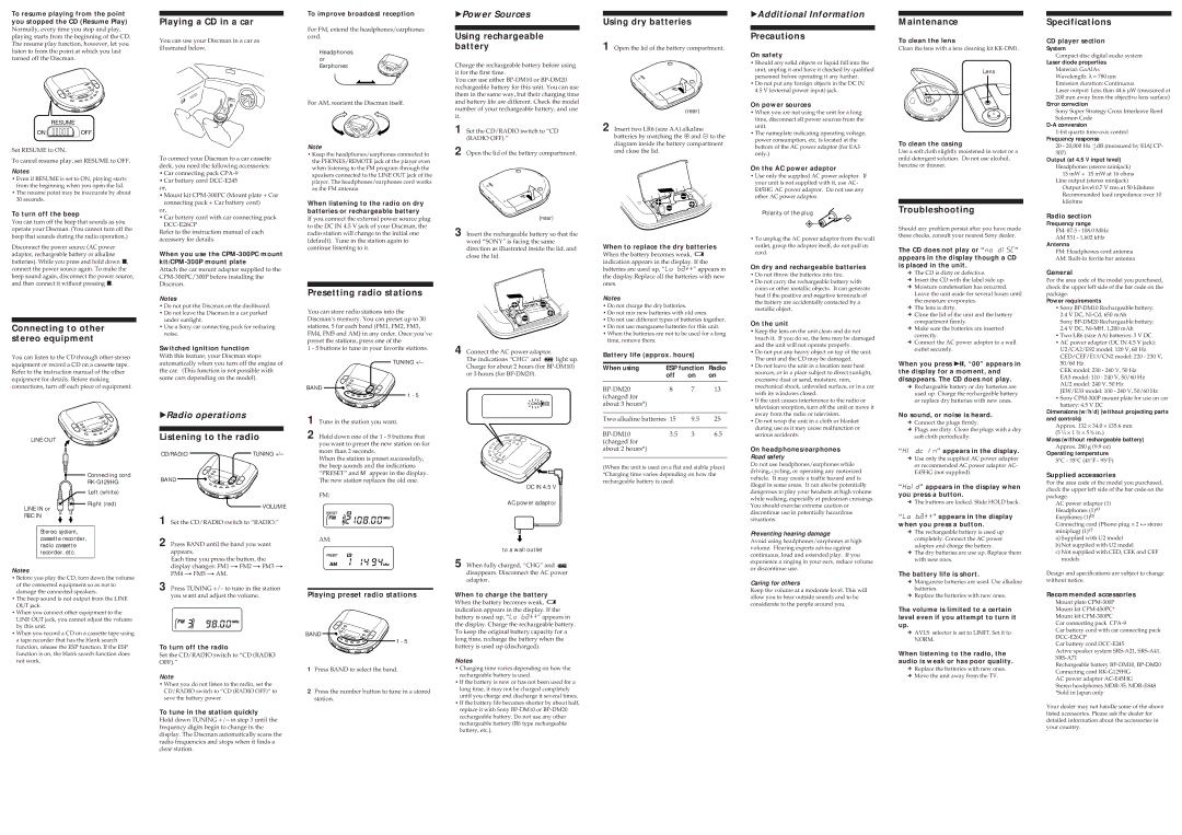 Sony D-T401 Connecting to other stereo equipment Playing a CD in a car, Presetting radio stations, Using dry batteries 