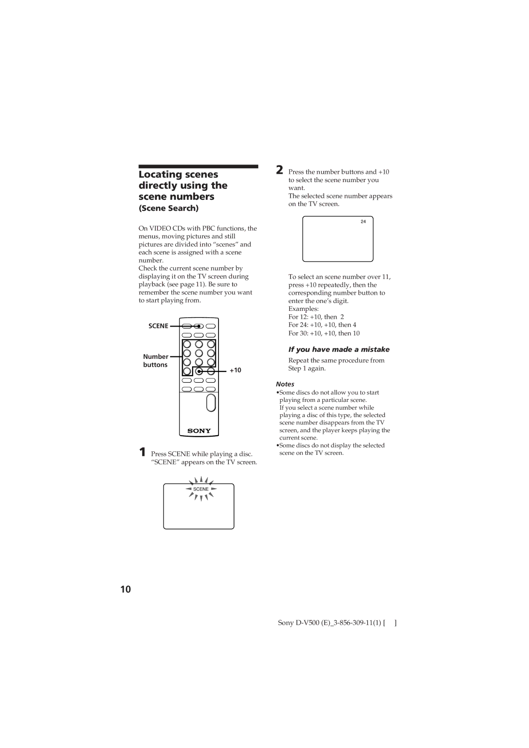 Sony D-V500 Locating scenes directly using the scene numbers, If you have made a mistake, Scene, Number Buttons +10 