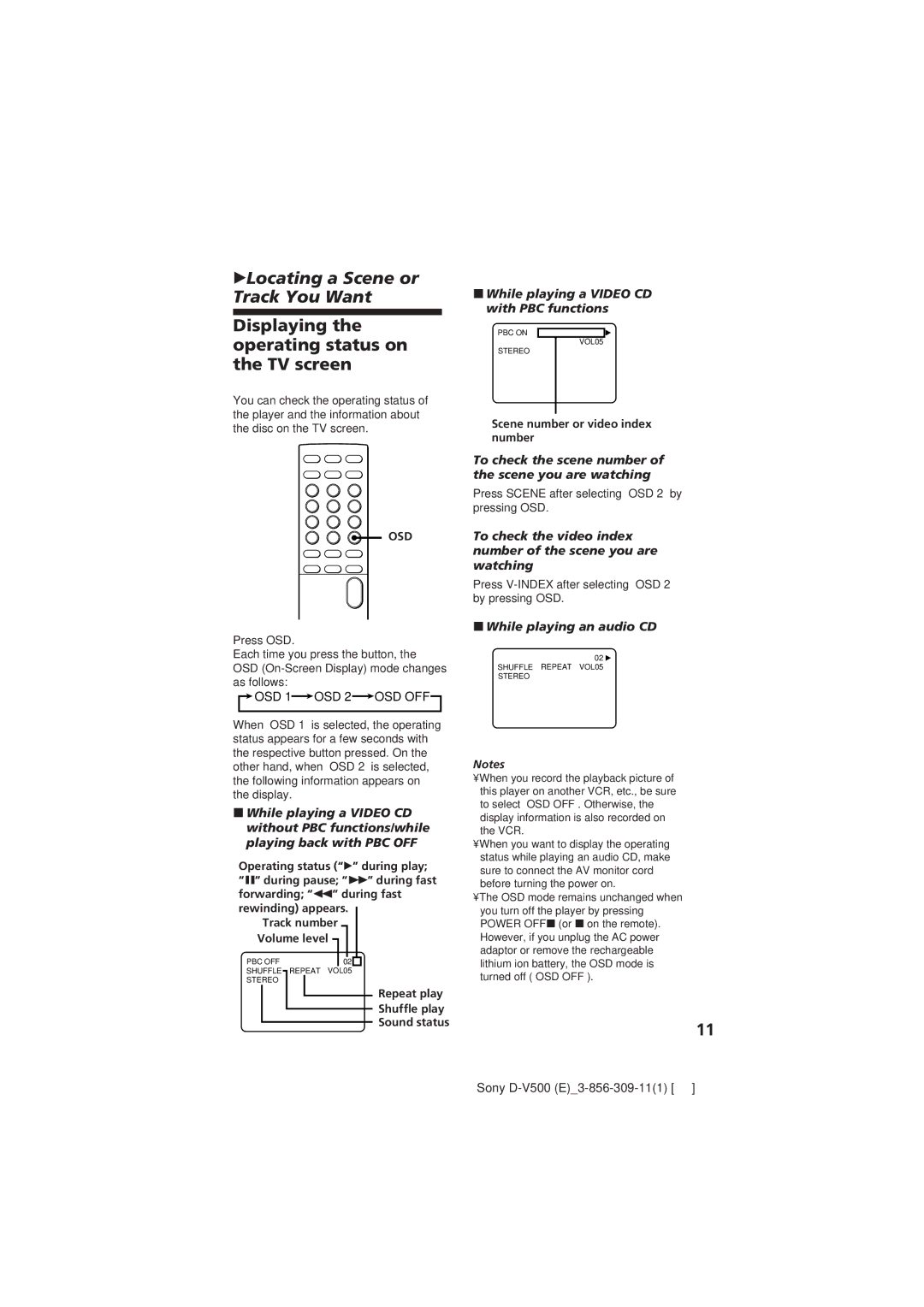 Sony D-V500 Displaying the operating status on the TV screen, While playing a Video CD with PBC functions, Osd 