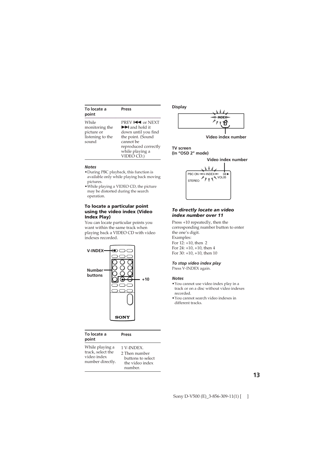 Sony D-V500 operating instructions To directly locate an video index number over, To locate a Press Point, Index 