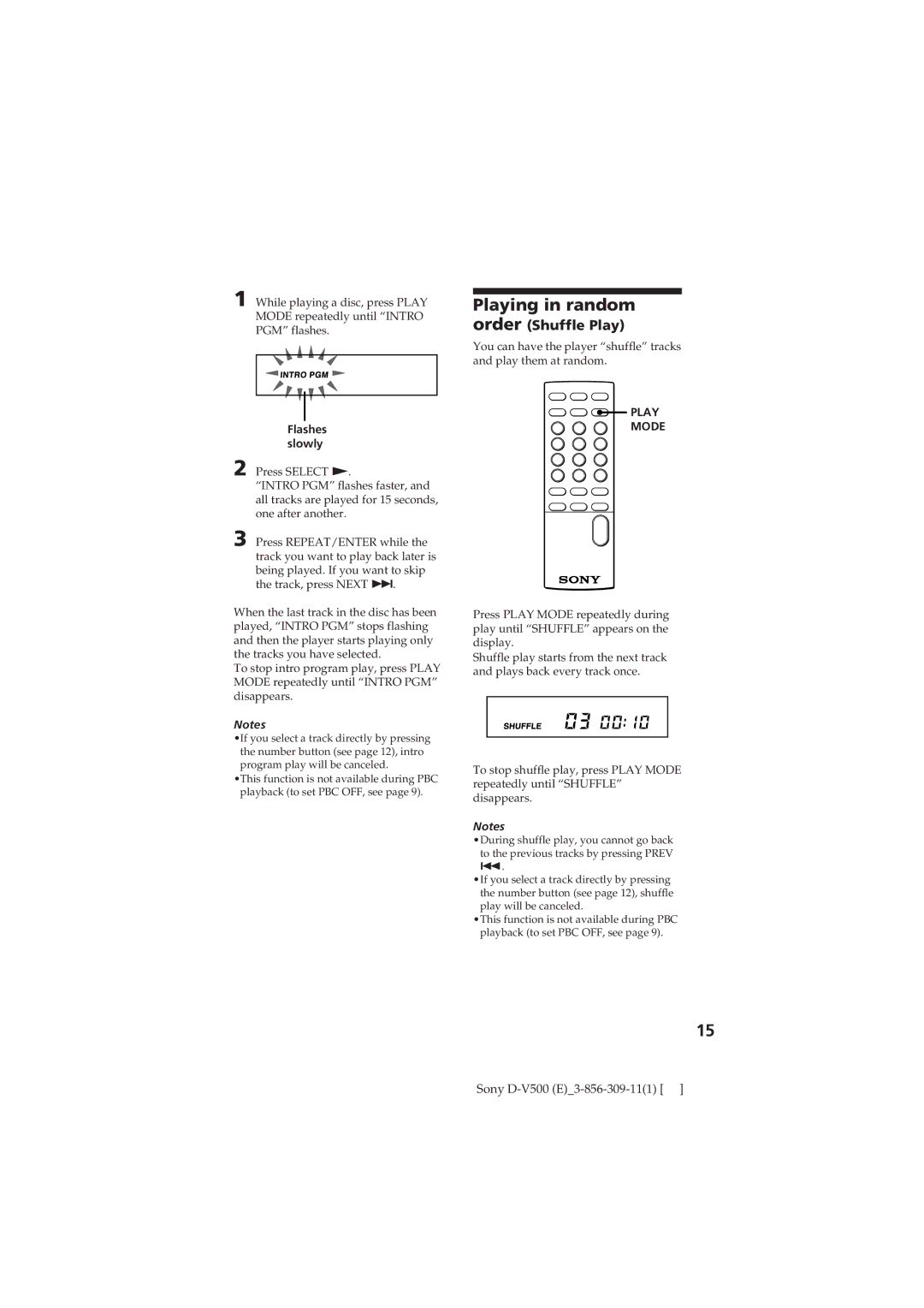 Sony D-V500 operating instructions Playing in random order Shuffle Play, Flashes slowly 