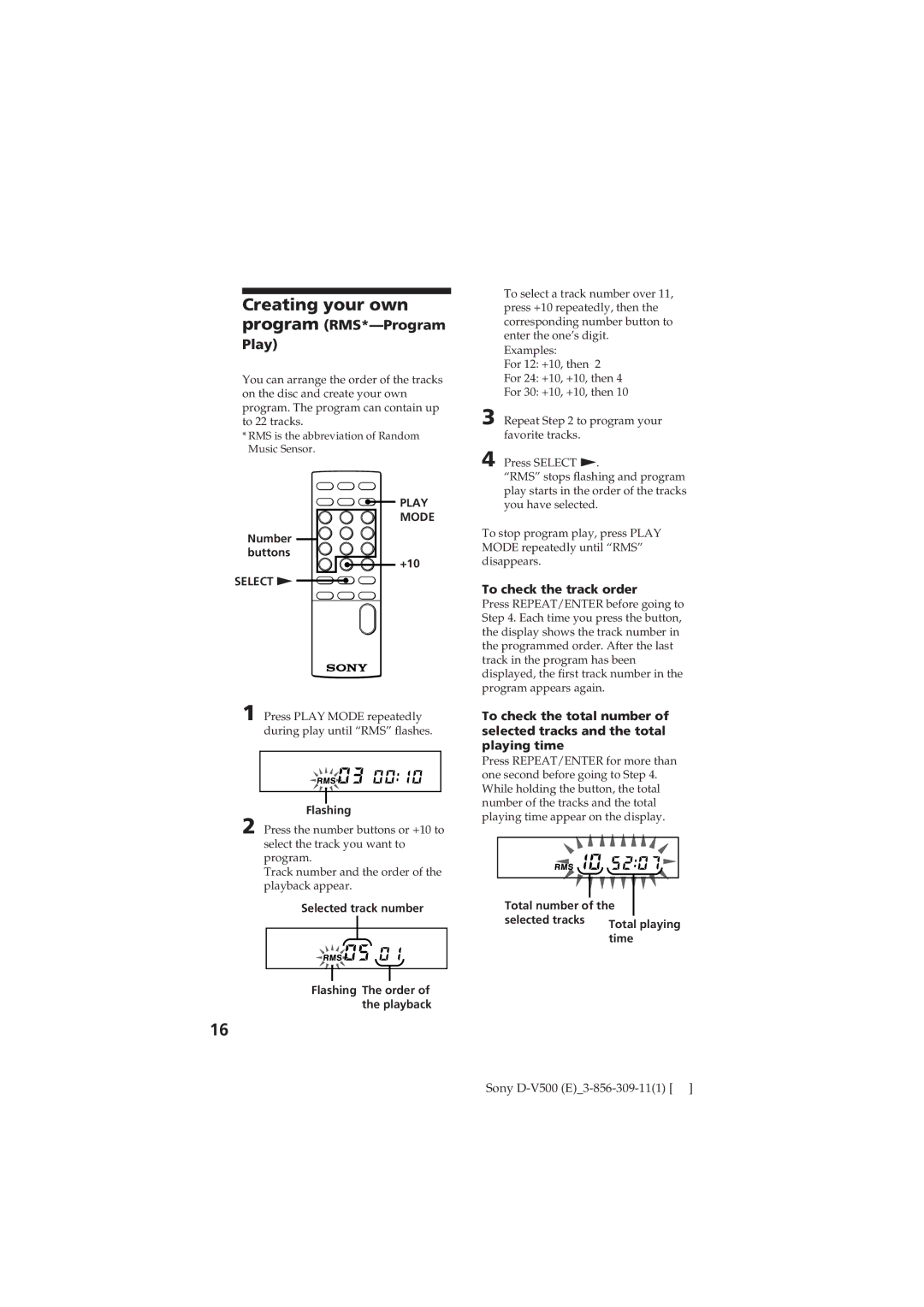 Sony D-V500 operating instructions To check the track order, Selected track number Flashing The order of the playback 