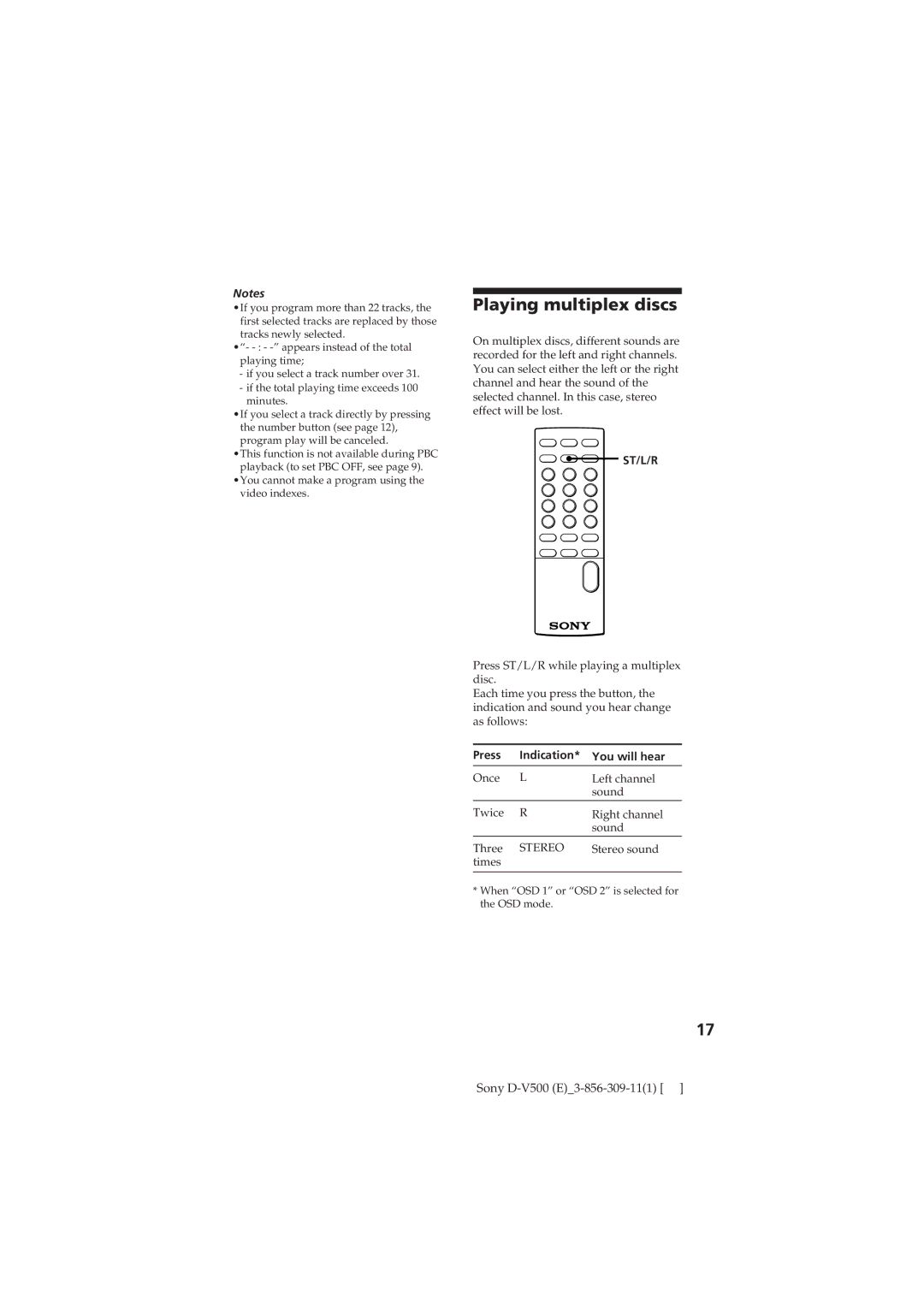 Sony D-V500 operating instructions Playing multiplex discs, St/L/R, Press Indication You will hear 