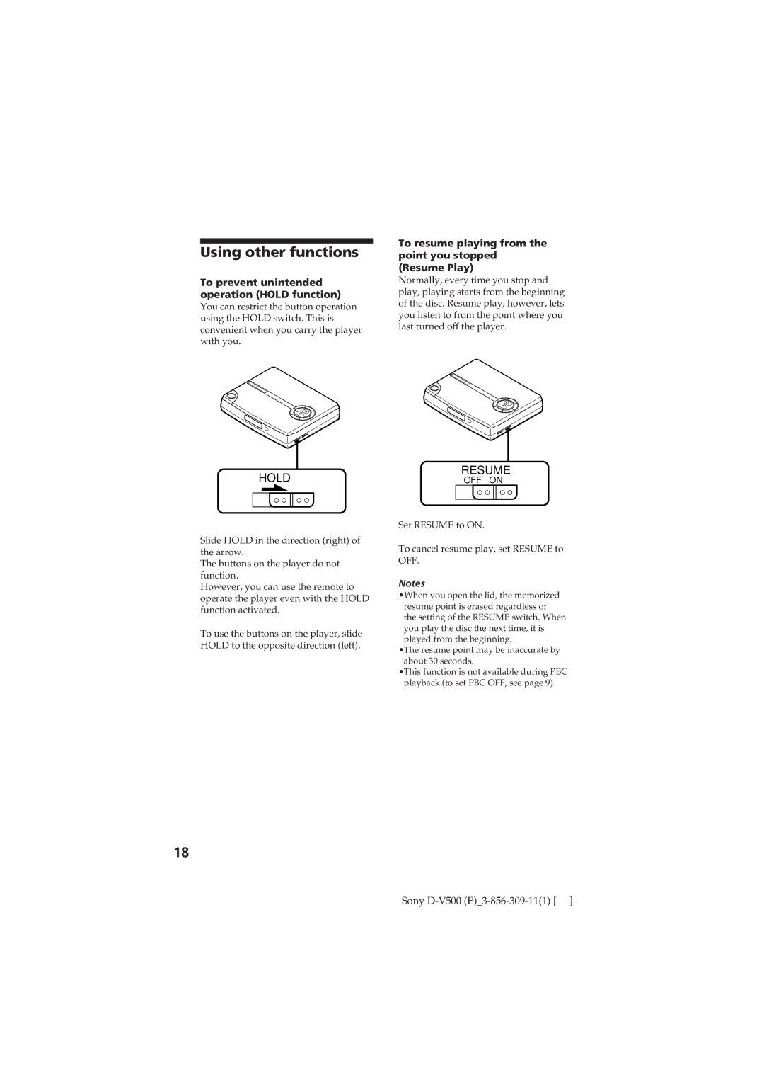 Sony D-V500 operating instructions Using other functions, To prevent unintended operation Hold function 