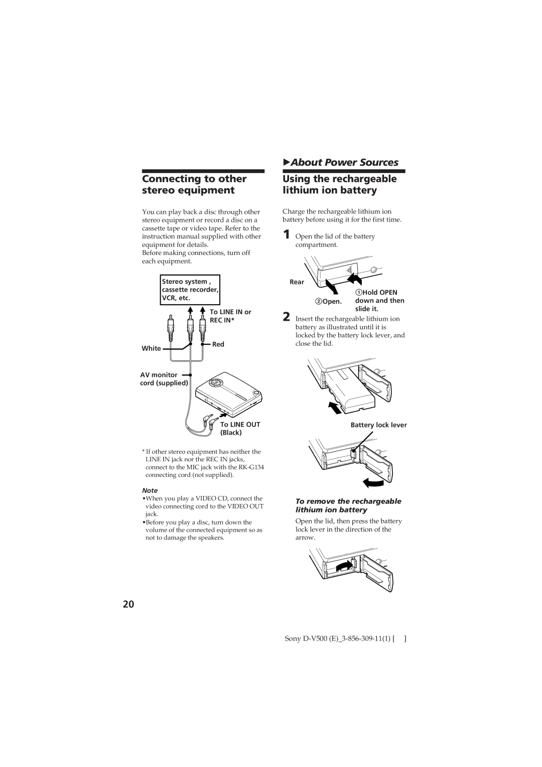 Sony D-V500 operating instructions Connecting to other stereo equipment, Using the rechargeable lithium ion battery, Rec 